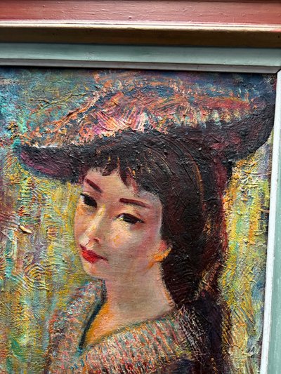 La Tonquinoise - Portrait d'une jeune femme asiatique, oil on canvas circa 1950, signed "Morin