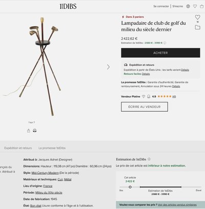 ADNET Jacques. ( zugeschrieben ) Stehlampe Golf aus der Mitte des Jahrhunderts aus Leder und Messing