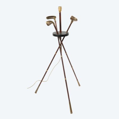 ADNET Jacques. ( zugeschrieben ) Stehlampe Golf aus der Mitte des Jahrhunderts aus Leder und Messing