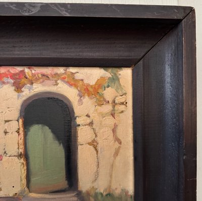Huile sur panneau par Jeanne Prin façade de maison fleurie