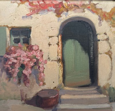 Huile sur panneau par Jeanne Prin façade de maison fleurie