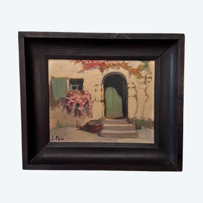 Huile sur panneau par Jeanne Prin façade de maison fleurie