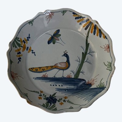 18th century La Rochelle earthenware plate with peacock and butterfly design
