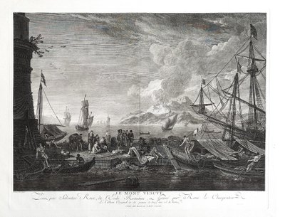 Vesuvius Italy Engraving  Seascape View Of The Port Large Etching 18th C after Salvator Rose