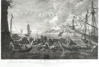 Vesuvius Italy Engraving  Seascape View Of The Port Large Etching 18th C after Salvator Rose