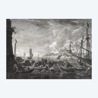 Vesuvius Italy Engraving  Seascape View Of The Port Large Etching 18th C after Salvator Rose