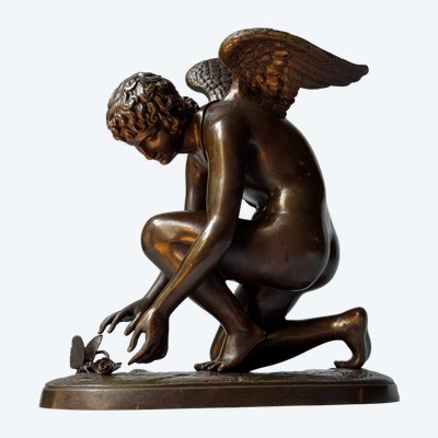 Scultura in bronzo "L'Amour au papillon". A. CHAUDET XIX secolo. Cupido