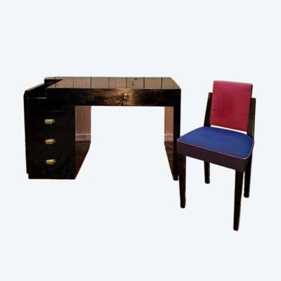 Bureau laqué noir de style Art Déco et sa chaise 