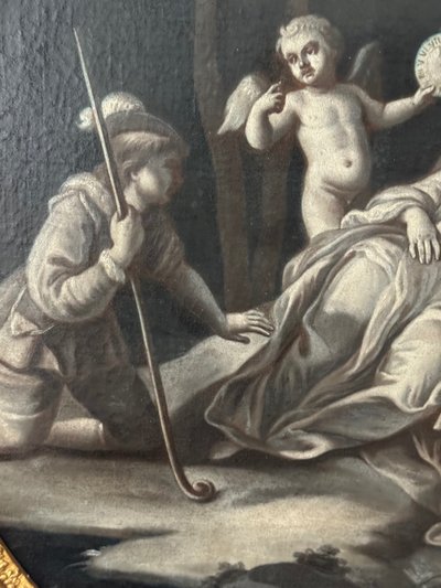 Paire de grandes grisailles en medaillons  « scène à l’antique » 18ème