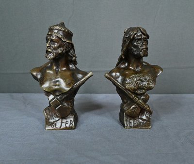 Paar Bronzebüsten "Steinzeit & Eisenzeit" signiert J. Garnier - Ende 19.
