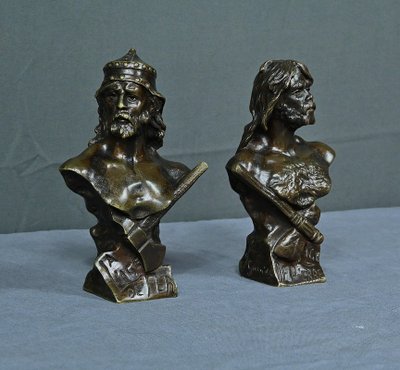 Paar Bronzebüsten "Steinzeit & Eisenzeit" signiert J. Garnier - Ende 19.