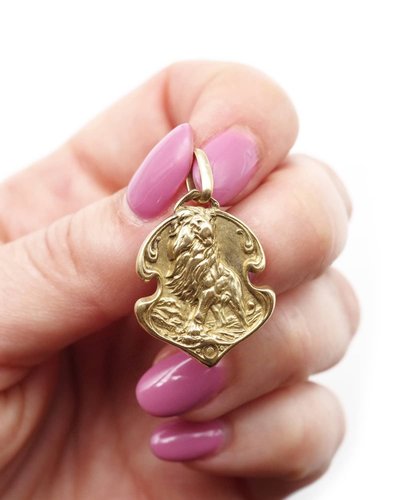 Medaglia Gustave Soury Lion in oro 18 carati, segno zodiacale, medaglia antica, firmata