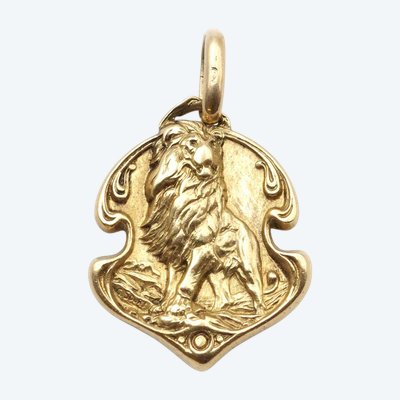 Medaglia Gustave Soury Lion in oro 18 carati, segno zodiacale, medaglia antica, firmata