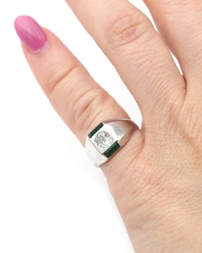 Anello con diamante Art Déco in platino, smeraldo, 0,30 carati taglio vecchio, anello con serbatoio, gioielli Art Déco