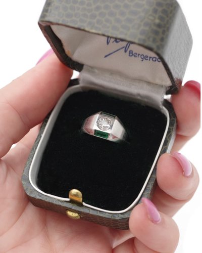 Anello con diamante Art Déco in platino, smeraldo, 0,30 carati taglio vecchio, anello con serbatoio, gioielli Art Déco