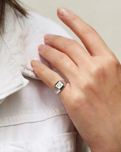 Anello con diamante Art Déco in platino, smeraldo, 0,30 carati taglio vecchio, anello con serbatoio, gioielli Art Déco