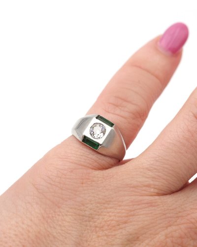 Anello con diamante Art Déco in platino, smeraldo, 0,30 carati taglio vecchio, anello con serbatoio, gioielli Art Déco