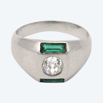 Anello con diamante Art Déco in platino, smeraldo, 0,30 carati taglio vecchio, anello con serbatoio, gioielli Art Déco