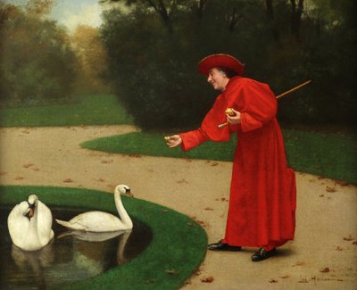 French oil painting on canvas " Cardinal feeding the swans " by Leo Herrmann