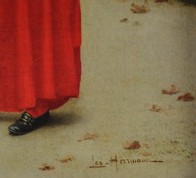 French oil painting on canvas " Cardinal feeding the swans " by Leo Herrmann