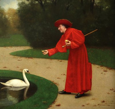 French oil painting on canvas " Cardinal feeding the swans " by Leo Herrmann