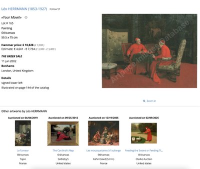 French oil painting on canvas " Cardinal feeding the swans " by Leo Herrmann