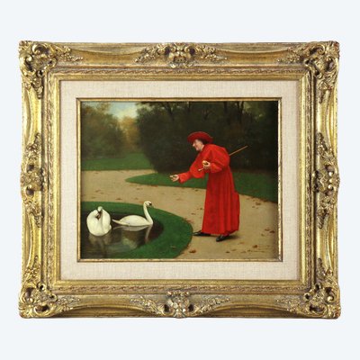 French oil painting on canvas " Cardinal feeding the swans " by Leo Herrmann