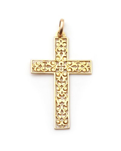 Openwork French 18k gold cross, religious pendant, christian gold cross