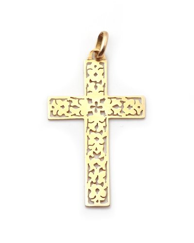 Openwork French 18k gold cross, religious pendant, christian gold cross