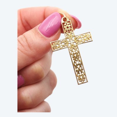 Openwork French 18k gold cross, religious pendant, christian gold cross