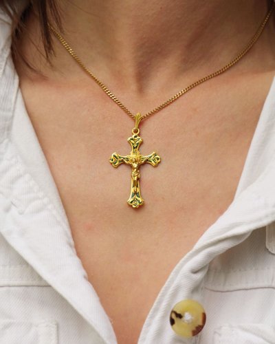 Ciondolo a forma di croce religiosa traforata in oro 18 carati, croce vintage, grande croce religiosa, gioielli cristiani
