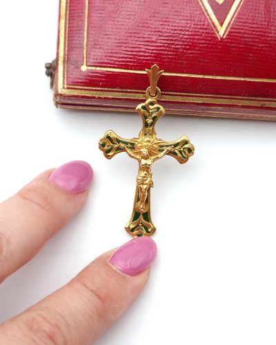 Ciondolo a forma di croce religiosa traforata in oro 18 carati, croce vintage, grande croce religiosa, gioielli cristiani