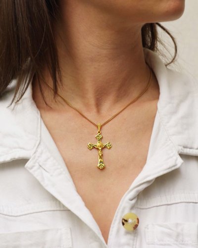 Ciondolo a forma di croce religiosa traforata in oro 18 carati, croce vintage, grande croce religiosa, gioielli cristiani