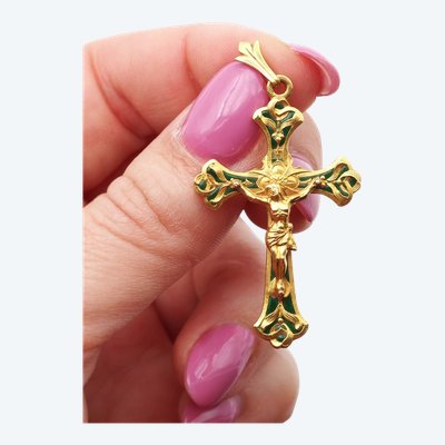 Ciondolo a forma di croce religiosa traforata in oro 18 carati, croce vintage, grande croce religiosa, gioielli cristiani