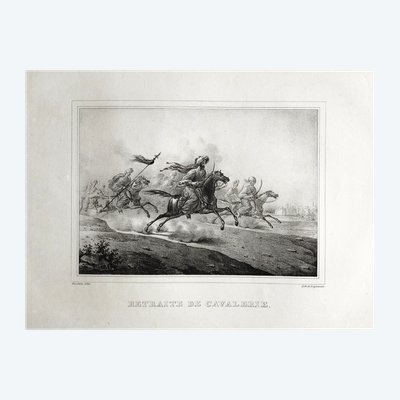 Antique Lithograph By Engelmann 19th C Cavalry Retreat 19th C Arabian Horse Battle Old Print