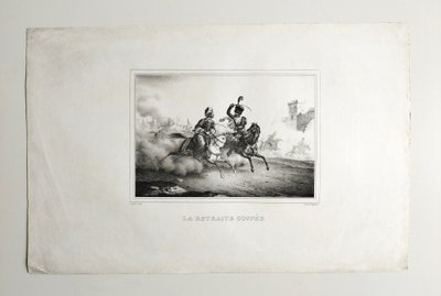 Lithographie Ancienne Par Engelmann  La Retraite coupée 19ème cheval arabe bataille