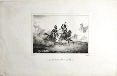Lithographie Ancienne Par Engelmann  La Retraite coupée 19ème cheval arabe bataille