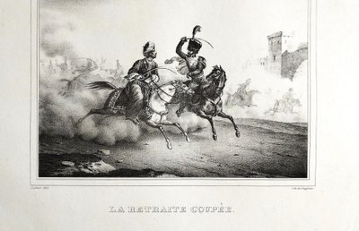 Lithographie Ancienne Par Engelmann  La Retraite coupée 19ème cheval arabe bataille