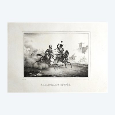 Lithographie Ancienne Par Engelmann  La Retraite coupée 19ème cheval arabe bataille