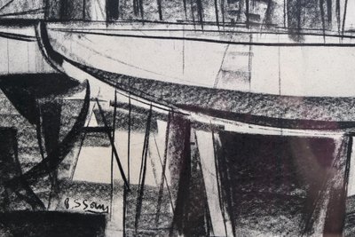 Disegno moderno a carboncino - Pierre St Sorny - Bateau sur cale - Arte moderna francese