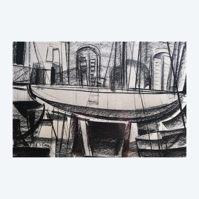 Disegno moderno a carboncino - Pierre St Sorny - Bateau sur cale - Arte moderna francese