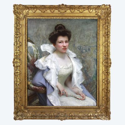 Öl auf Leinwand "jeune femme à l'éventail" von Jules Triquet