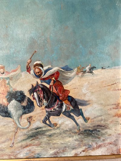 Orientalist painting ostrich hunting EARLY XXth CENTURY