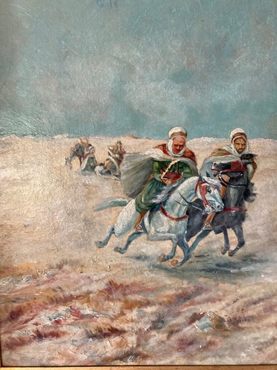 Orientalist painting ostrich hunting EARLY XXth CENTURY