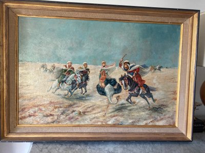 Orientalist painting ostrich hunting EARLY XXth CENTURY