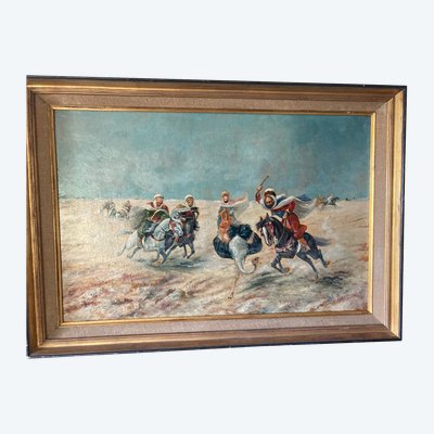 Orientalist painting ostrich hunting EARLY XXth CENTURY