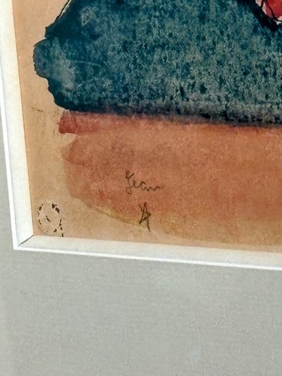 Jean Cocteau - Le soleil rouge entre deux montagnes, acquerello originale e inchiostro di china, 1959