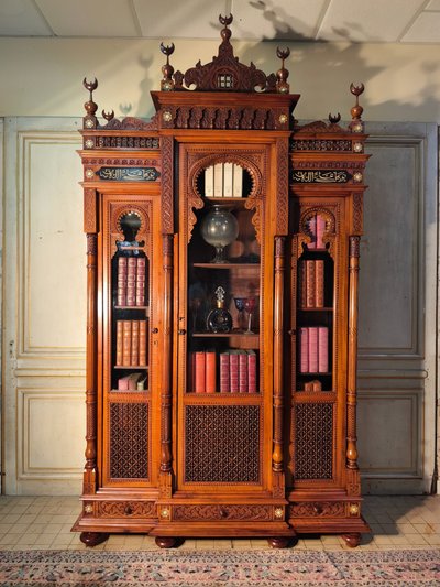 Orientalist 19th century walnut bookcase in the taste of pierre loti