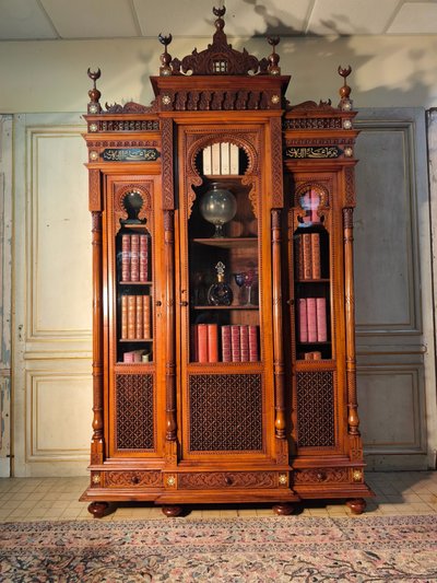 Orientalist 19th century walnut bookcase in the taste of pierre loti