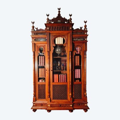 Orientalist 19th century walnut bookcase in the taste of pierre loti